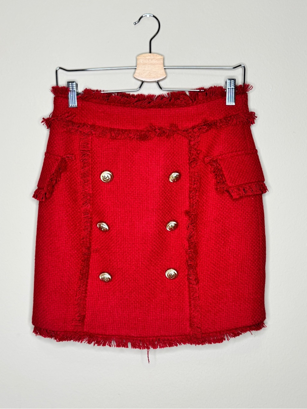 Red Double-Breasted Fringed Tweed Mini Skirt